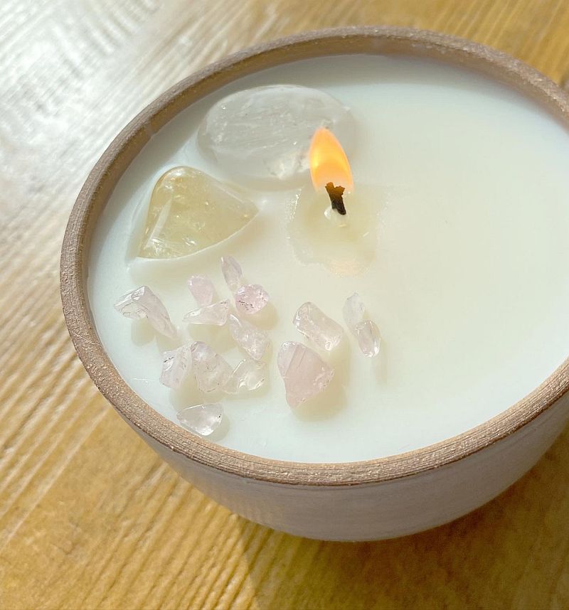 beautiful soy candle with infused stones