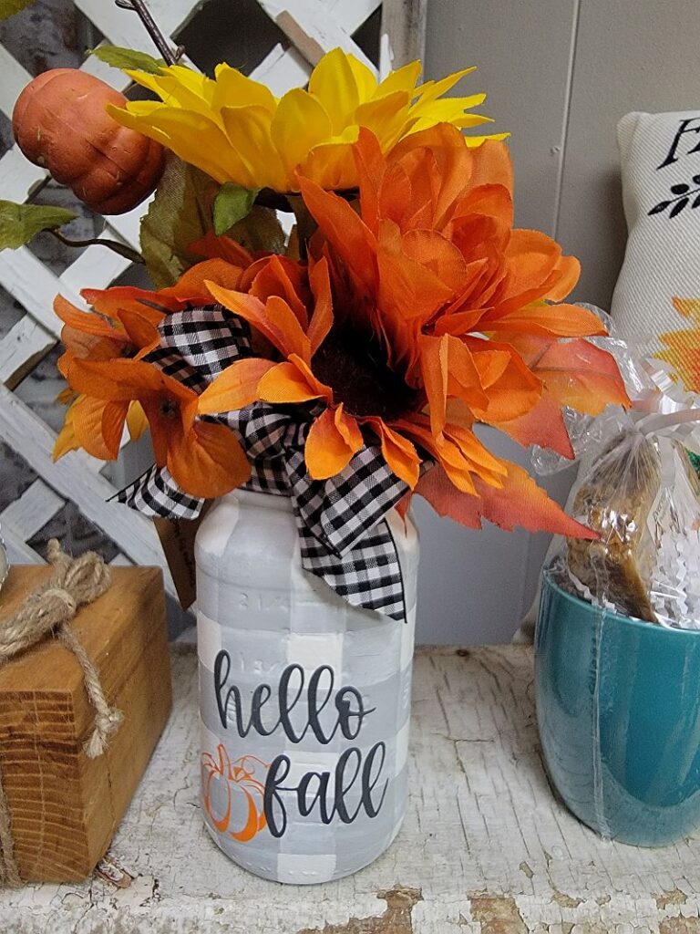 hello fall decorative jar with flowers