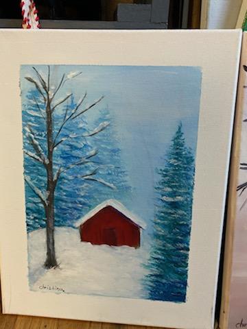 Red Barn in a wintery landscape acrylic painting