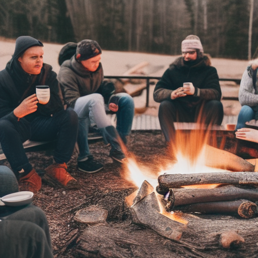 friends enjoying coffee around a fire- kampire coffee